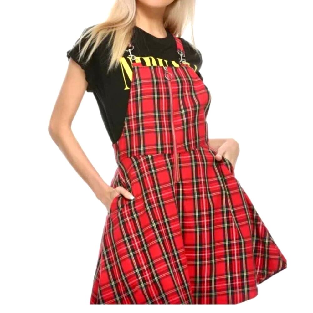 Hot Topic Size S Skirtall Front O-ring Zipper Overall Dress Plaid Red - Picture 2 of 12